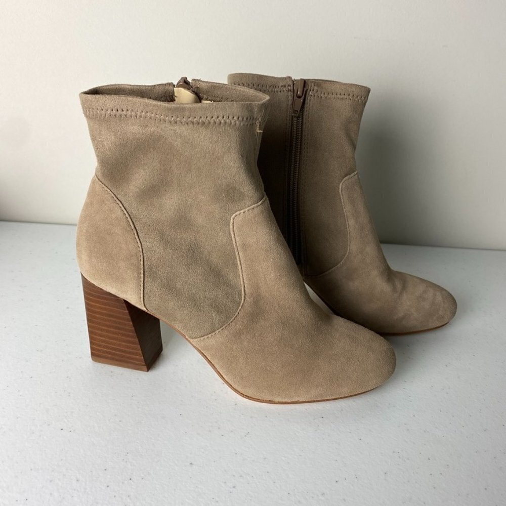 Sole Society Cassity Sock Bootie Heeled Tan‎ Faux Suede Block Heel Womens 6M